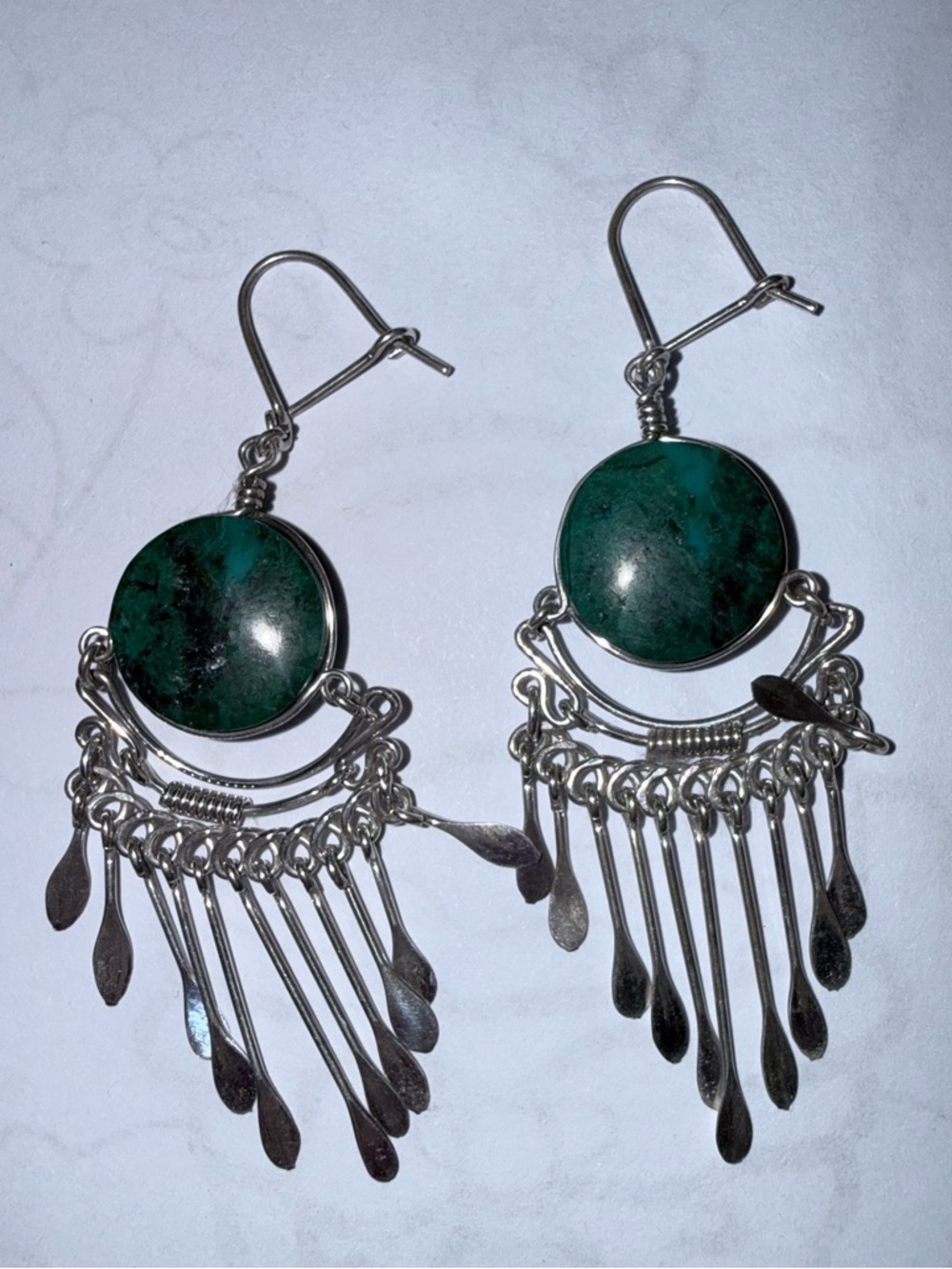 Green Stone Silver Fringe Dangle Earrings - Unbranded
